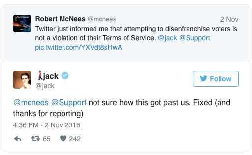 Tweets between citizen and Twitter CEO over the role of misleading information on how to vote and the removal of elections law breaking tweets.