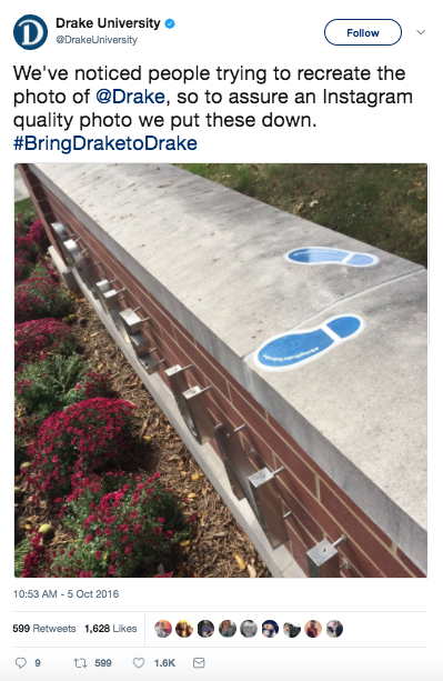 Drake University puts vinyl decals where Drake the Rapper (champagnepapi) took a photo at Drake University